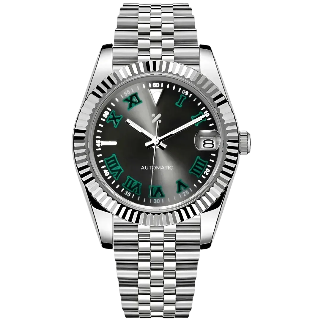 Custom mod automatic watch with green Roman numerals, silver bezel, and stainless steel bracelet