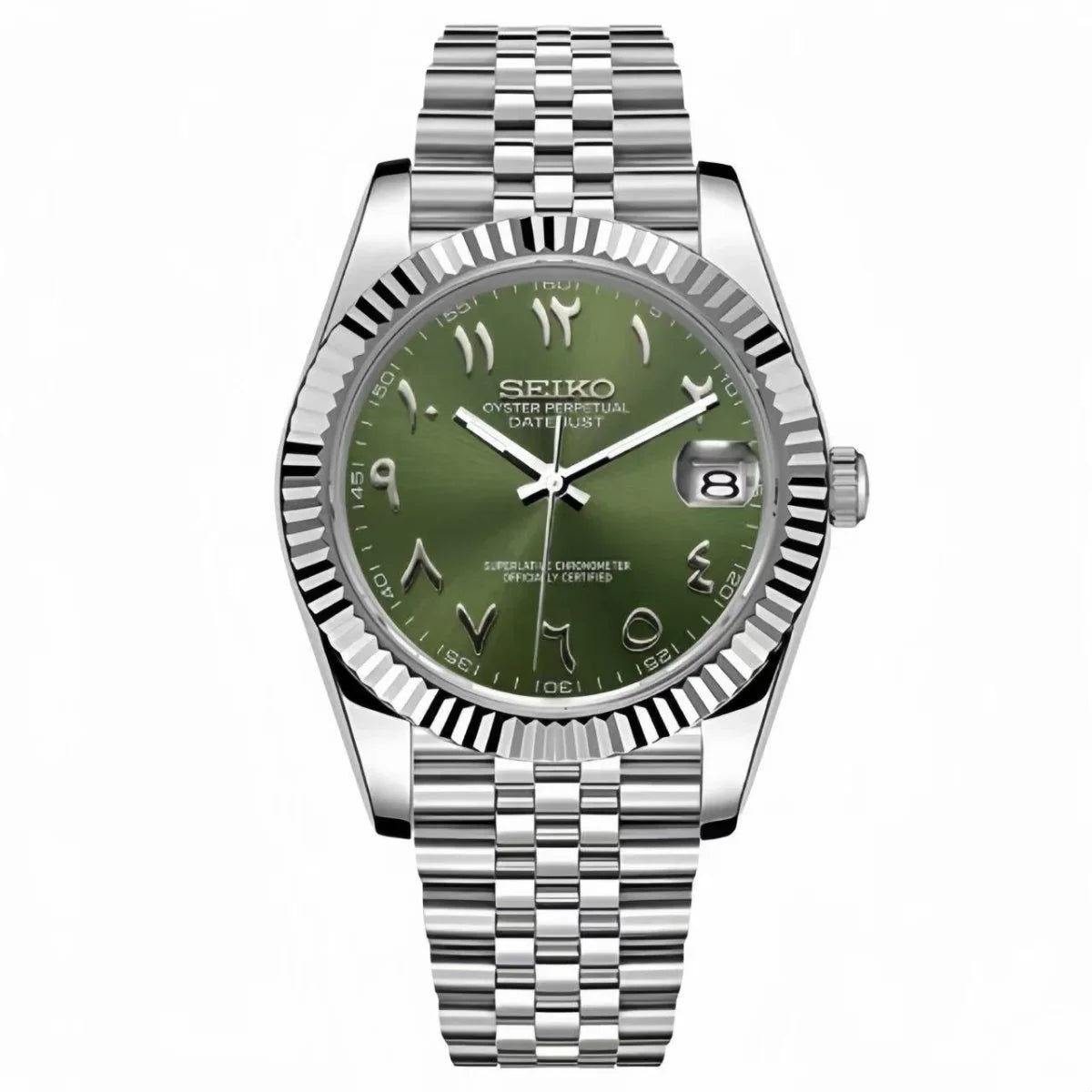 Green sunburst Arabic dial Seiko mod watch with date window and stainless steel bracelet