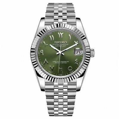 Green sunburst Arabic dial Seiko mod watch with date window and stainless steel bracelet