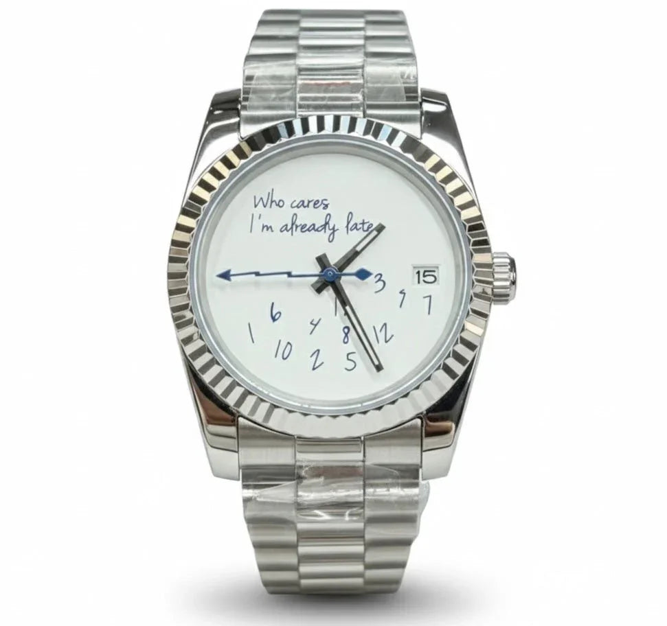 Stainless steel modded watch with white dial, quirky handwritten numbers, and date window