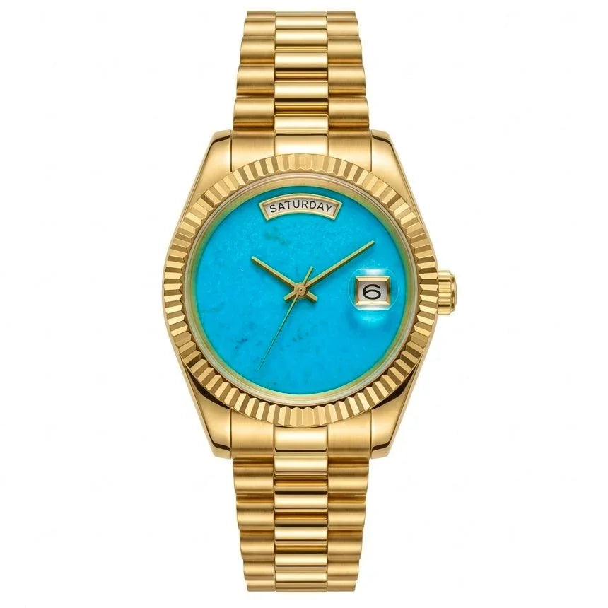 Gold watch with turquoise dial, day and date display, stainless steel bracelet