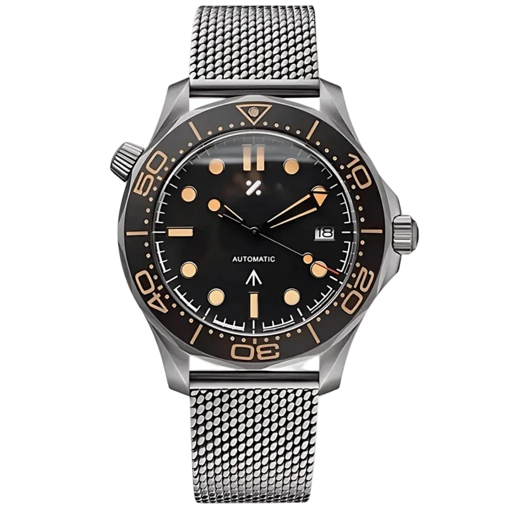 Matte black custom mod watch with gold accents and mesh strap from Watchbrick