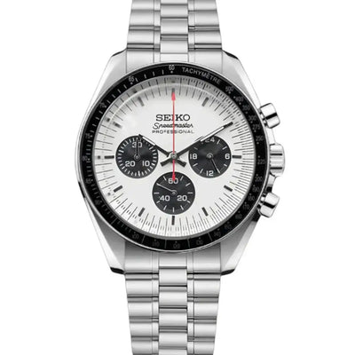 White dial Seiko mod chronograph watch with black subdials and stainless steel bracelet