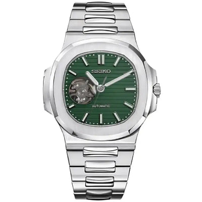 Stainless steel automatic watch with emerald green open-heart dial and silver bracelet