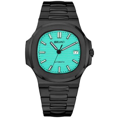 Seiko mod watch with tiffany blue dial, black case, automatic movement, and date display