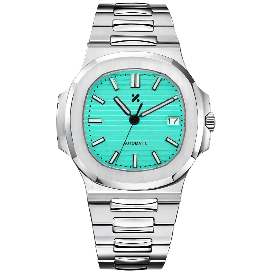 Silver automatic watch with a tiffany blue dial and date window on stainless steel bracelet