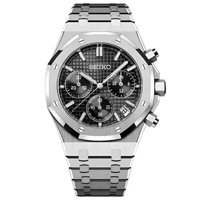 Stainless steel Seiko mod chronograph watch with black textured dial and three subdials.