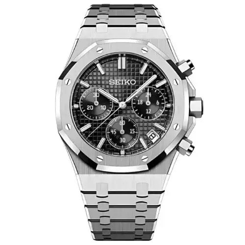 Stainless steel Seiko mod chronograph watch with black textured dial and three subdials.