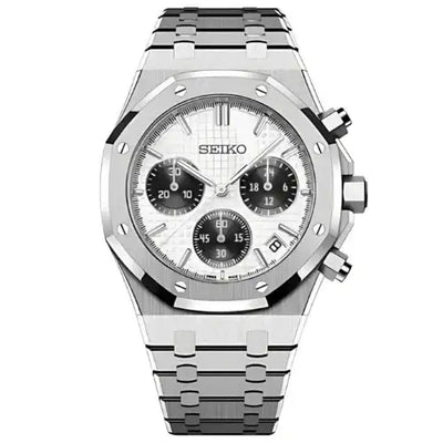 Silver Seiko mod VK63 chronograph watch with panda dial and stainless steel bracelet.