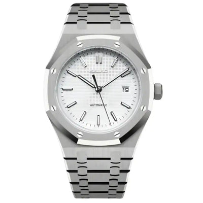 Silver stainless steel Seiko mod watch with white textured dial and date display