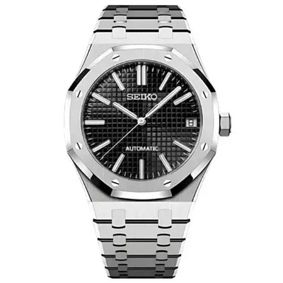Monochrome Seiko mod watch with NH35 automatic movement, black waffle dial, silver case