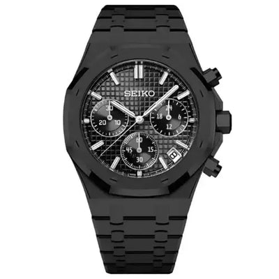 all-black Seiko mod chronograph watch with VK63 movement, sapphire crystal, textured dial
