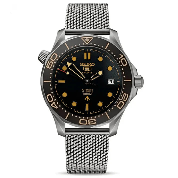 Seiko 5 mod dive watch with black bezel, mesh bracelet, and luminous markers