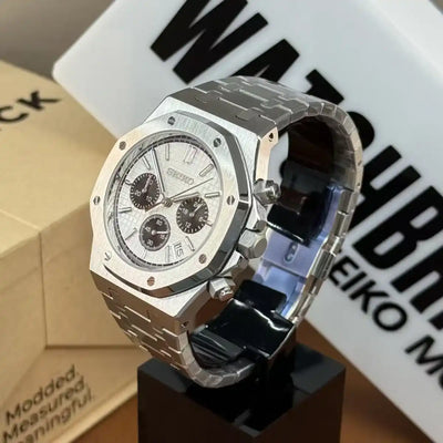 White and black Seiko VK63 chronograph mod watch with stainless steel bracelet