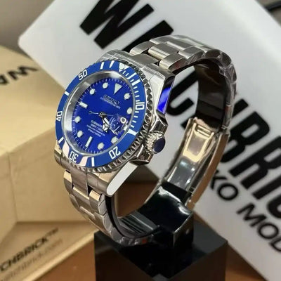 Stainless steel Seiko mod watch with blue dial and bezel, NH35 automatic movement