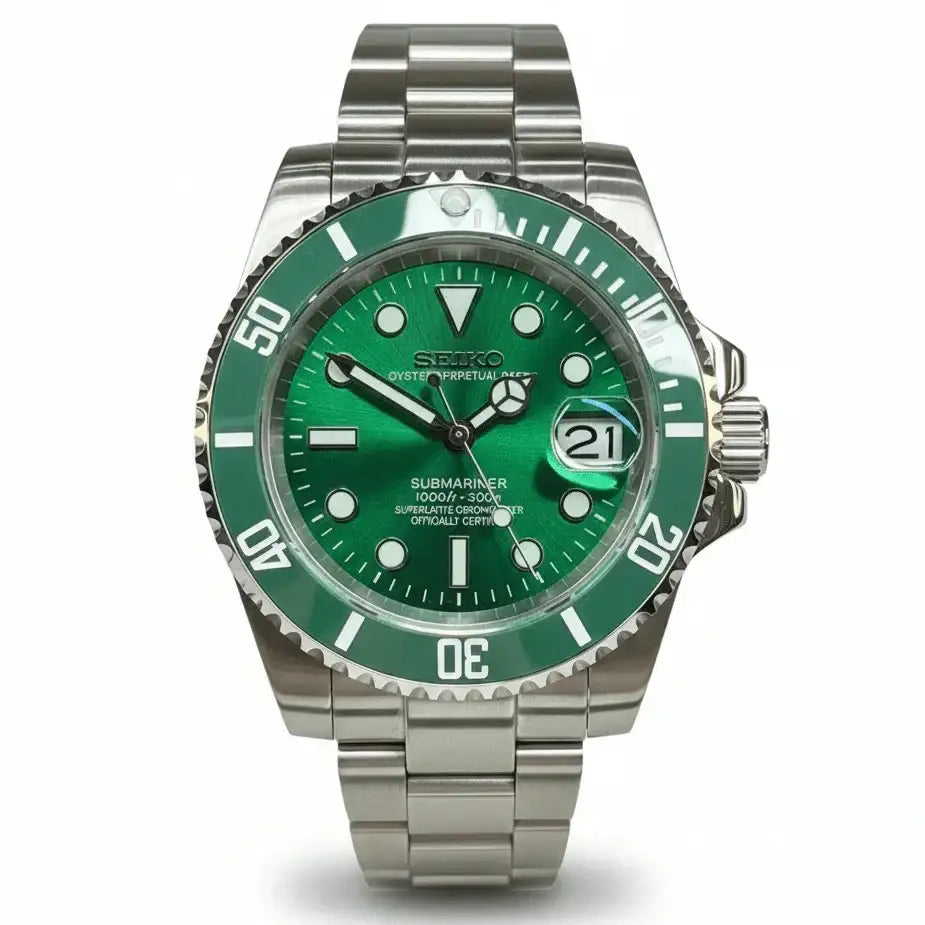 Green dial Seiko mod watch with stainless steel bracelet and rotating bezel